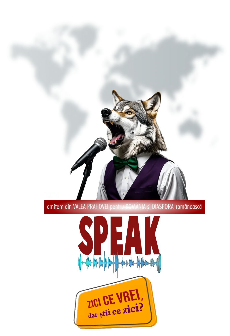 Mascota RadioSpeak — lupul cântăreț la microfon, cu sloganul „Zici ce vrei, dar știi ce zici?”
